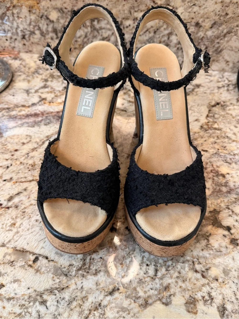 Chanel Cork Wedge platform cork Sandals Tweed CC Logo Slingback Size 38.5